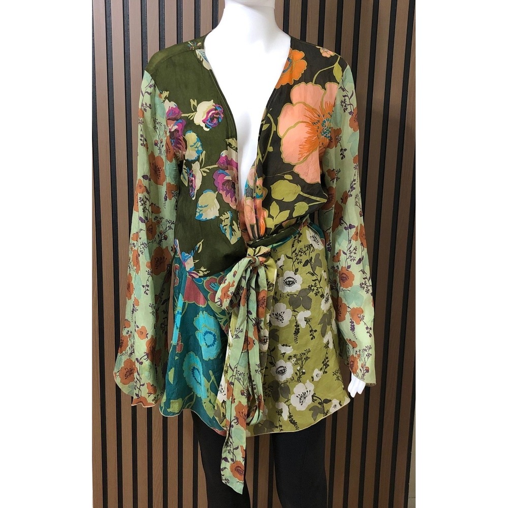 J.Jill Women's Blouse‎ Top Floral Wrap Tie Waist M Bell Sleeves Boho Coverup